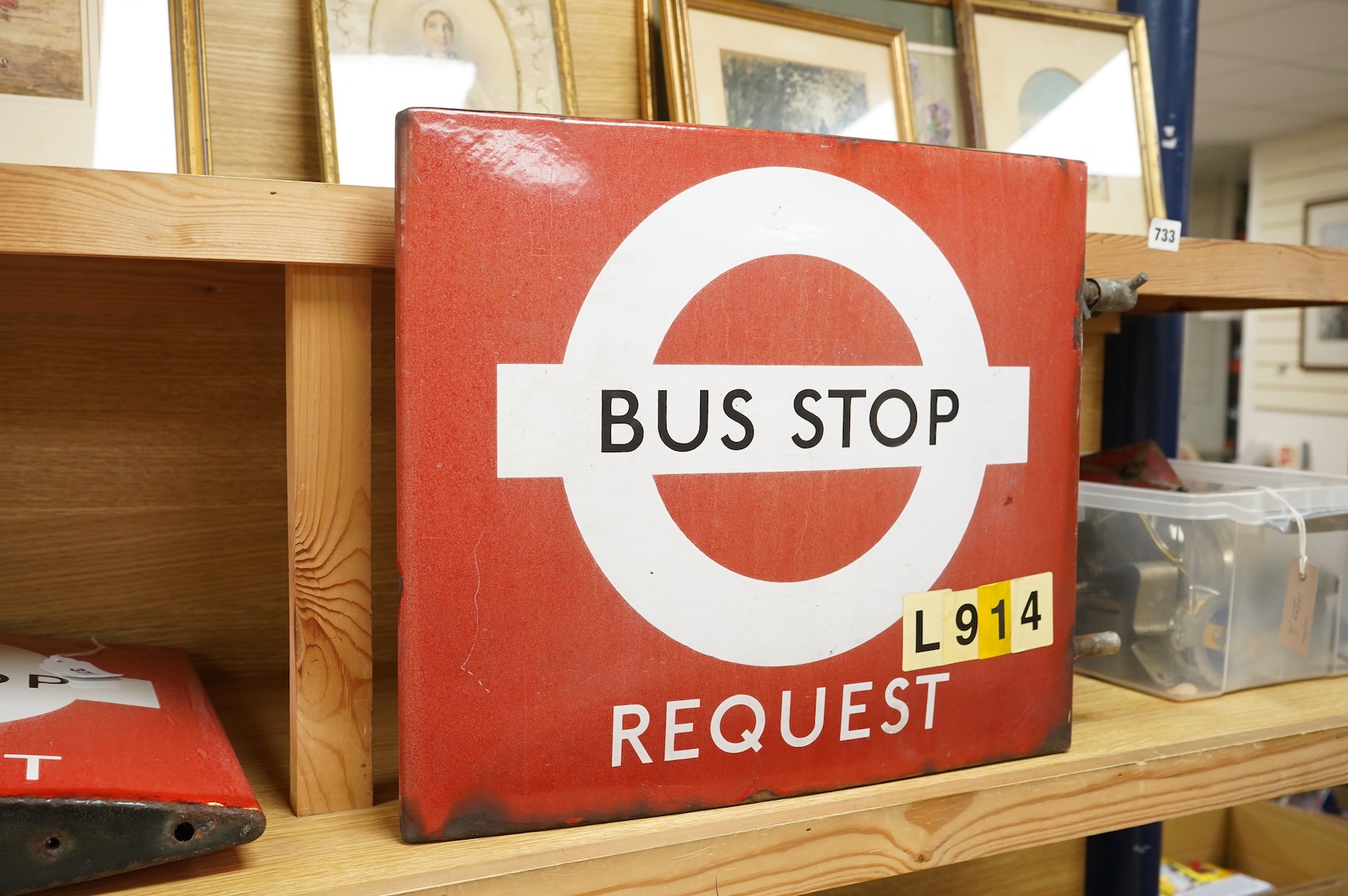 A London Transport double sided enamel Bus Stop Request sign, with applied stickers to both sides reading; ‘L914’, applied serial number underneath; 8787